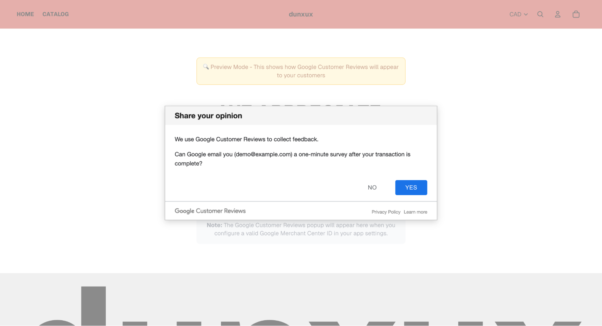 Google Customer Reviews popup modal window displaying review form with Google branding and customer feedback options
